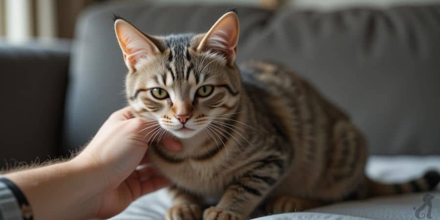 Tabby cat showing signs of overstimulation while being petted.