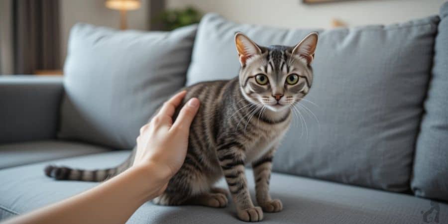 Person reaching to pet a cat showing early signs of overstimulation.