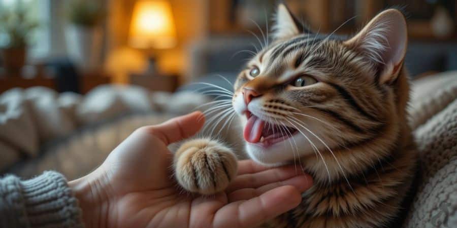 Tabby cat playfully nibbling owner's hand to show affection.