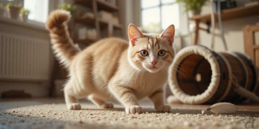 Playful orange cat ready to pounce during interactive playtime.