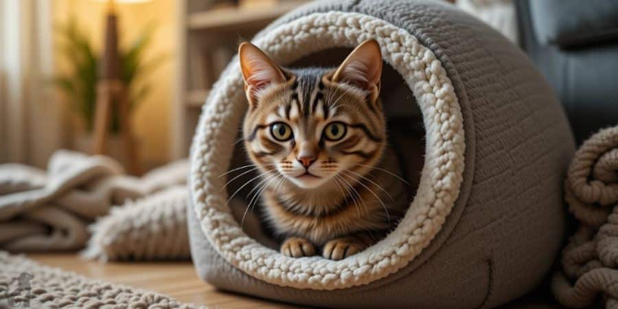 Tabby cat hiding in cozy bed showing signs of stress or anxiety.