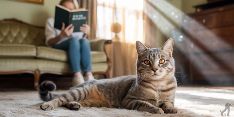 Calm tabby cat lying on a sunlit carpet with owner reading in the background, reflecting independence and the slow process of building feline trust