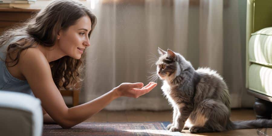 Woman gently interacting with a fluffy grey cat sitting on the floor, demonstrating patience with a shy or distant feline