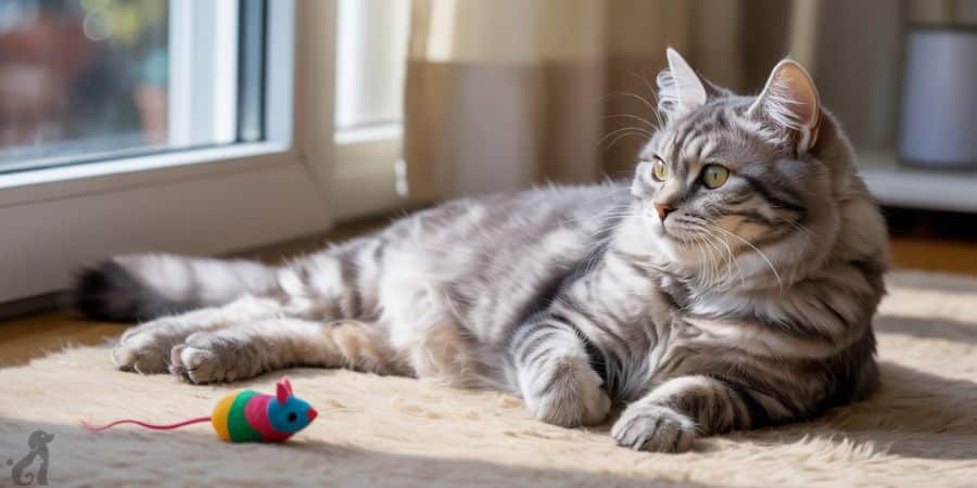 Fluffy silver tabby cat lounging peacefully near a toy mouse by the window, symbolizing relaxed body language and personal space in feline behavior