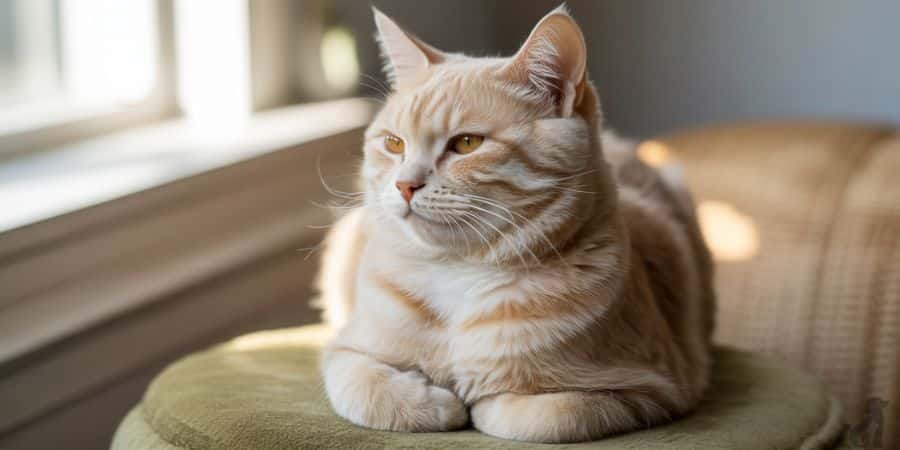 Calm orange tabby cat resting peacefully on a cushion near a sunny window, showing a relaxed expression and subtle trust signals