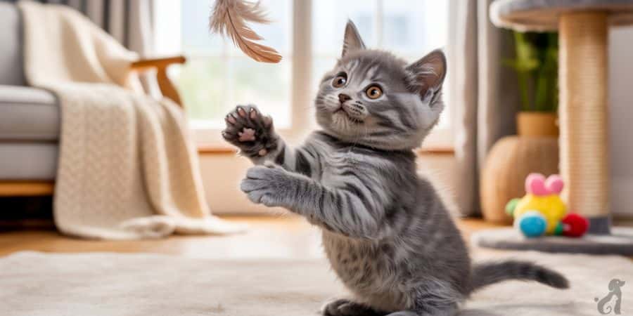 Playful grey kitten reaching for a feather toy in a bright living room, highlighting early socialization and positive play behavior