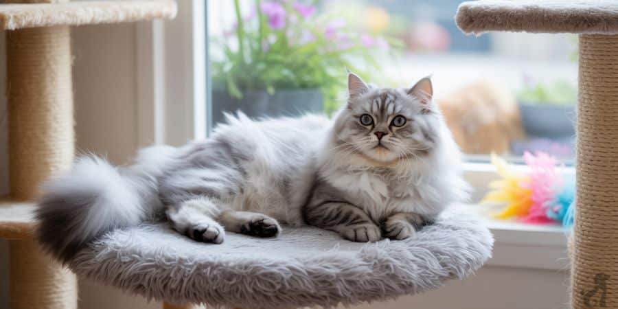 Fluffy grey cat relaxing on a soft perch beside a sunny window, showcasing a cozy and enriched cat-friendly environment