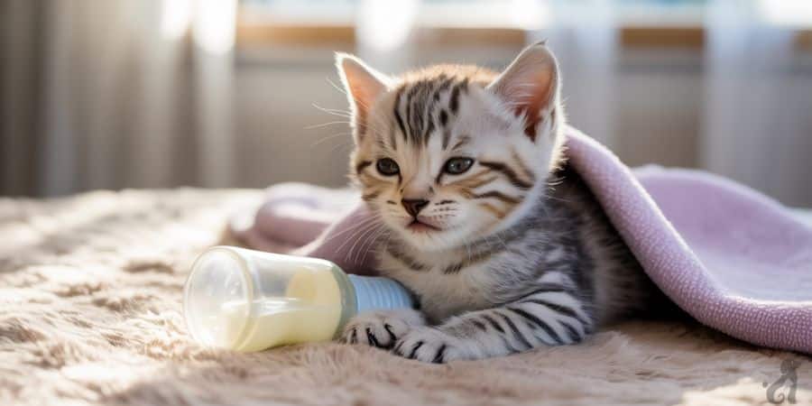 Young striped kitten lying under a soft blanket with a milk bottle, emphasizing the need for baby-like care and nurturing in early development