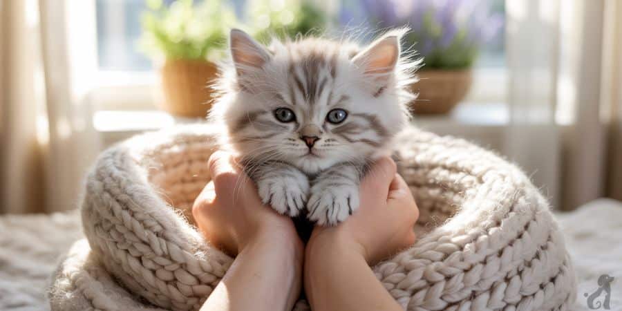 Fluffy kitten gently cradled in hands inside a soft knitted bed, symbolizing tenderness and early emotional bonding with cats