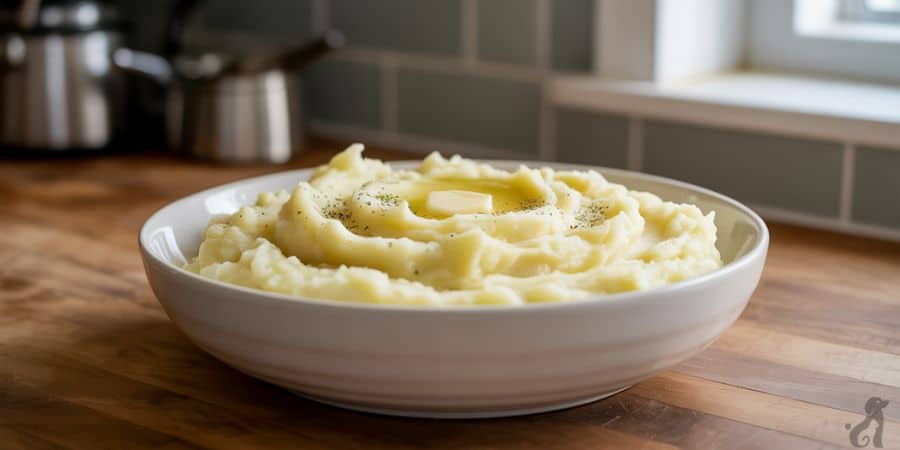 A white bowl of buttery mashed potatoes, demonstrating a common human-prepared potato dish often unsafe for cats due to added ingredients.

