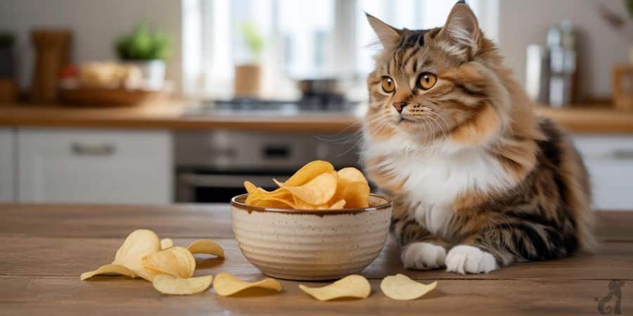 A long-haired cat sitting beside a bowl of crispy potato chips, used to show why salty, processed snacks are unsuitable for feline consumption.

