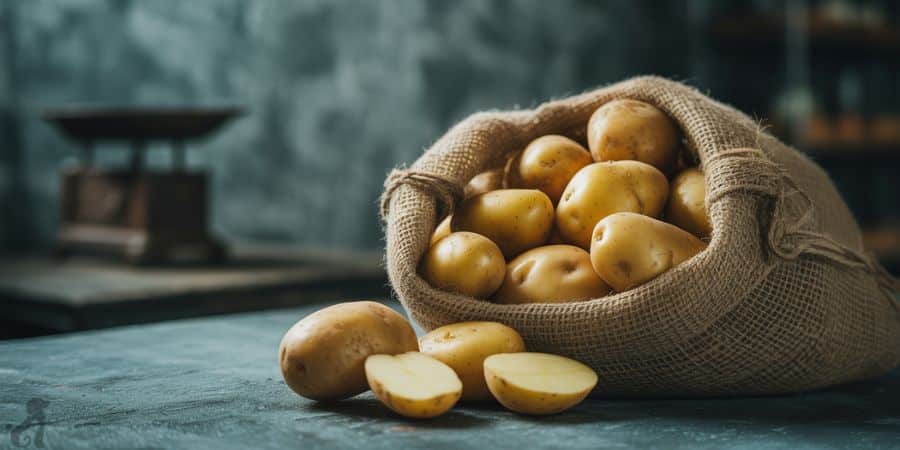 A burlap sack filled with raw potatoes, some sliced, representing uncooked potato forms often questioned in cat diets.


