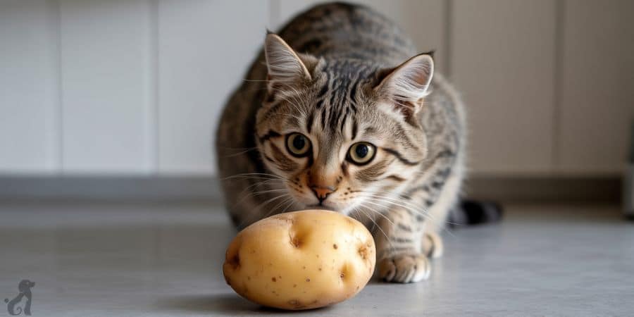 A tabby cat closely sniffing a raw potato on the floor, symbolizing a cat’s curiosity and raising the question of edibility.

