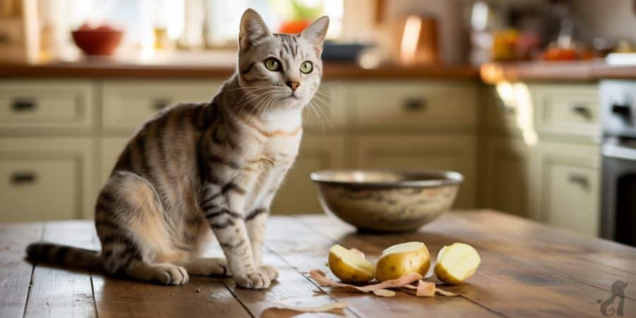 A silver tabby cat sitting beside peeled and cut raw potatoes on a kitchen table, representing preparation stages that matter for pet safety.

