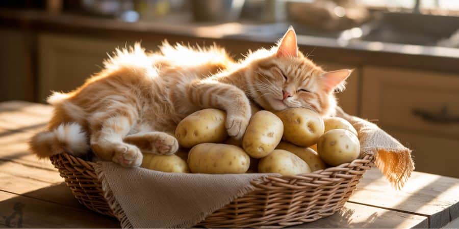 A relaxed orange cat sleeping in a basket full of raw potatoes, highlighting feline curiosity around vegetables.

