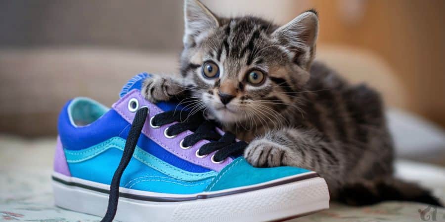 Tabby kitten hugging a colorful sneaker, displaying scent-marking behavior.
