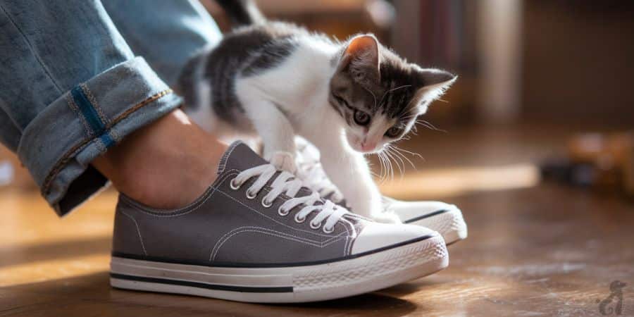 Playful kitten climbing on shoes while owner wears them, seeking attention.