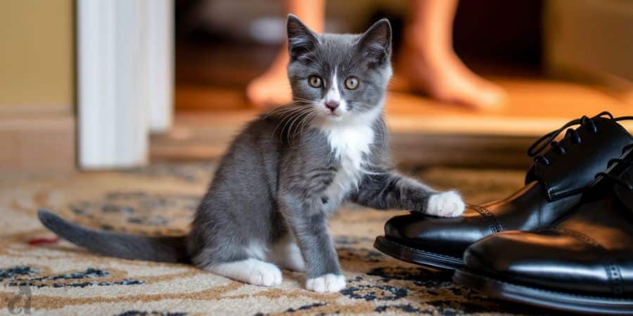 Gray and white kitten touching dress shoes, showing shoe-hogging behavior.