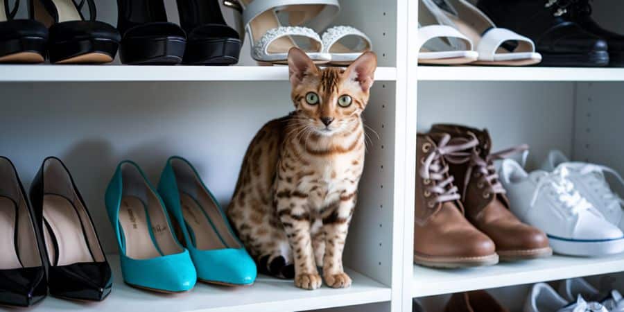 Bengal cat sitting on a shoe shelf surrounded by various footwear.