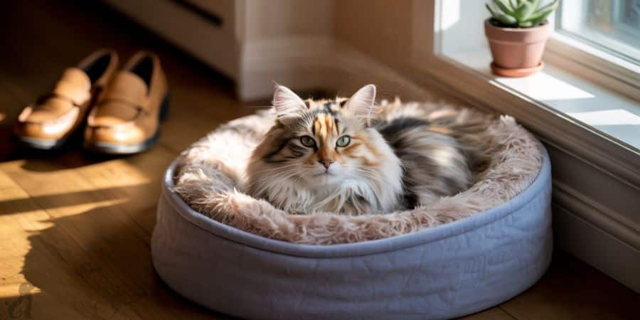 Fluffy cat lounging in a cozy pet bed near shoes and sunlight.