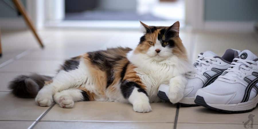 Fluffy cat sitting next to sneakers, showing common feline behavior around shoes.