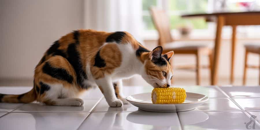 Cat eating corn from a plate – should you worry if your cat ate corn?