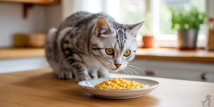 Cat sniffing a plate of corn – how to safely feed corn to cats