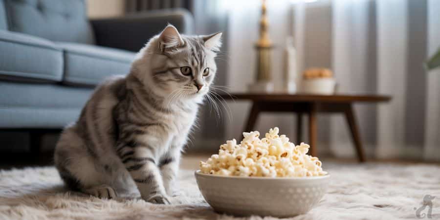 Cat looking at a bowl of popcorn – is popcorn safe for cats?