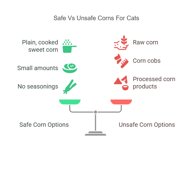 Infographic comparing safe vs unsafe corn types for cats
